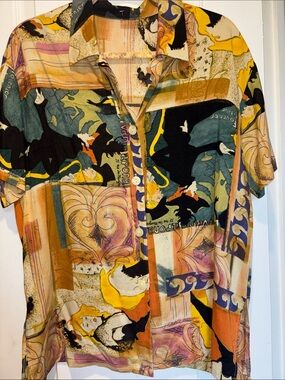 VINTAGE ST. MICHAEL MOULIN-ROUGE ART PRINT BUTTON UP SHIRT SHORT SLEEVE SIZE MED